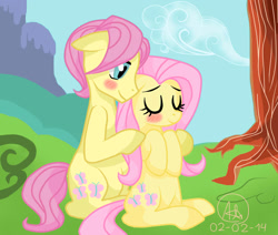 Size: 1024x868 | Tagged: safe, artist:nekomash, butterscotch, fluttershy, pegasus, pony, blushing, female, flutterscotch, male, rule 63, self ponidox, selfcest, shipping, straight, tree