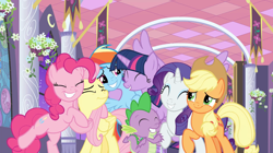 Size: 1440x808 | Tagged: safe, derpibooru import, screencap, applejack, fluttershy, pinkie pie, rainbow dash, rarity, spike, twilight sparkle, twilight sparkle (alicorn), alicorn, dragon, earth pony, pegasus, pony, unicorn, the summer sun setback, cute, group hug, hug, mane seven, mane six