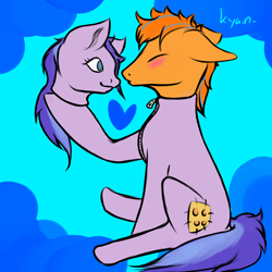 Size: 1280x1280 | Tagged: safe, artist:kyainn, oc, oc only, oc:cold front, oc:polkadot patch, object pony, original species, costume pony, detached head, dressing, female, kissing, living suit, looking at each other, male, mask, masking, modular, oc x oc, patch, polka dots, ponified, ponysuit, rule 63, shipping, smiling, stitches, straight, zipper