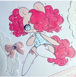 Size: 720x729 | Tagged: safe, artist:dollbunnie, pinkie pie, earth pony, pony, clothes, cute, different hairstyle, fanart, hair over one eye, instagram, marker drawing, pigtails, solo, stockings, thigh highs, traditional art