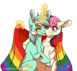 Size: 1272x1181 | Tagged: safe, alternate version, artist:inuhoshi-to-darkpen, bon bon, lyra heartstrings, sweetie drops, earth pony, pony, unicorn, blushing, canon ship, cute, eyes closed, female, flag, kiss on the cheek, kissing, lesbian, lyrabon, married couple, mouthpiece, pride, pride flag, pride month, rainbow, shipping, simple background, transparent background