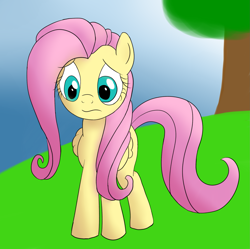 Size: 2161x2155 | Tagged: safe, artist:multiponi, fluttershy, pegasus, pony, disappointed, folded wings, looking down, solo, standing, tree, worried