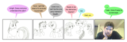 Size: 815x275 | Tagged: safe, artist:newbiespud, derpibooru import, applejack, fluttershy, pinkie pie, rainbow dash, rarity, twilight sparkle, unicorn twilight, earth pony, pegasus, pony, unicorn, comic:friendship is dragons, annoyed, comic, crossed arms, dialogue, female, flying, freckles, hat, irl, lineart, mane six, mare, photo, traditional art