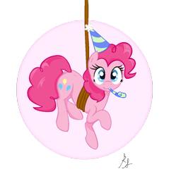 Size: 1024x1030 | Tagged: safe, artist:xxthatsmytypexx, pinkie pie, earth pony, pony, hat, party hat, party horn, rope, solo, suspended