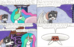 Size: 3293x2062 | Tagged: safe, artist:eternaljonathan, princess celestia, oc, oc:nemo, alicorn, dragon, pony, comic:a new twist, canterlot castle, comic, traditional art