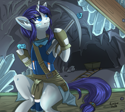 Size: 625x563 | Tagged: safe, artist:trojan-pony, rarity, pony, unicorn, alternate universe, cave, clothes, commission, crystal, digital art, female, gem, hoof hold, mare, minecart, miner, pickaxe, signature, sitting, solo