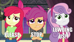 Size: 1280x720 | Tagged: safe, edit, edited screencap, screencap, apple bloom, scootaloo, sweetie belle, better together, equestria girls, happily ever after party, happily ever after party: rainbow dash, caption, comments locked on derpi, cutie mark crusaders, image macro, lewd, mouthpiece, op is trying too hard, please stop, text, trio