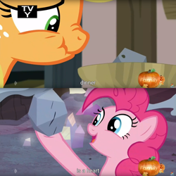 Size: 1920x1920 | Tagged: safe, screencap, applejack, pinkie pie, earth pony, pony, hearthbreakers, frown, hoof hold, meme, nose wrinkle, open mouth, rock soup, scrunchy face, smiling, youtube caption