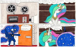 Size: 3295x2055 | Tagged: safe, artist:eternaljonathan, princess celestia, princess luna, alicorn, pony, comic:a new twist, comic, door, dream, movie, traditional art, yelling