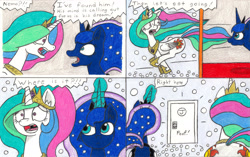 Size: 3284x2059 | Tagged: safe, artist:eternaljonathan, princess celestia, princess luna, alicorn, pony, comic:a new twist, comic, door, dream, female, folded wings, jewelry, mare, plot, regalia, royal sisters, traditional art