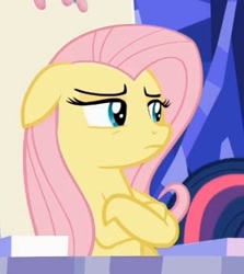 Size: 421x473 | Tagged: safe, screencap, fluttershy, pegasus, pony, 28 pranks later, crossed hooves, cute, female, floppy ears, mare, peeved, shyabetes, sitting, unamused