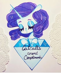 Size: 720x855 | Tagged: safe, artist:dollbunnie, derpibooru import, rarity, pony, unicorn, catcalls aren't compliments, diamond, eyebrows, eyelashes, eyes closed, feminism, makeup, mouthpiece, sad, solo, sparkling mane