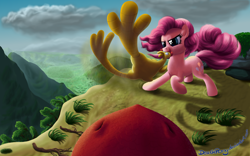 Size: 2000x1250 | Tagged: safe, artist:deathpwny, pinkie pie, dragon, earth pony, pony, female, mare, pink coat, pink mane, rubber chicken