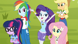 Size: 1920x1080 | Tagged: safe, derpibooru import, screencap, applejack, fluttershy, rainbow dash, rarity, sci-twi, twilight sparkle, equestria girls, legend of everfree, applejack's hat, arms in the air, bracelet, camp everfree logo, camp everfree outfits, clothes, cowboy hat, cutie mark on clothes, female, glasses, hat, hips, jewelry, lidded eyes, looking at you, ponytail, quintet, sexy, shorts, smiling