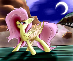 Size: 1024x853 | Tagged: safe, artist:madacon, fluttershy, bat pony, pony, bats!, flutterbat, moon, night, race swap, solo, train