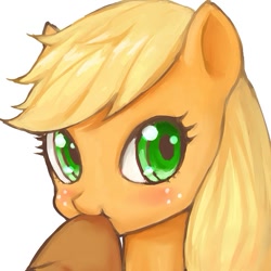 Size: 483x483 | Tagged: safe, artist:pavo, applejack, earth pony, pony, applejack's hat, blushing, bust, cute, hat, jackabetes, mouth hold, pixiv, portrait, solo