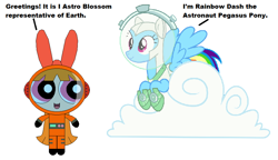 Size: 938x541 | Tagged: safe, artist:guihercharly, derpibooru import, rainbow dash, astro blossom, astrodash, astronaut, blossom (powerpuff girls), clothes, cloud, costume, crossover, spacesuit, the powerpuff girls