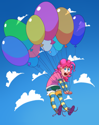 Size: 1249x1585 | Tagged: safe, artist:doorooz, pinkie pie, human, balloon, cloud, humanized, light skin, sky, solo, then watch her balloons lift her up to the sky