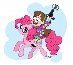 Size: 2241x1984 | Tagged: safe, artist:daretobeboring, pinkie pie, earth pony, pony, crossover, grappling hook, gravity falls, humans riding ponies, mabel pines, riding