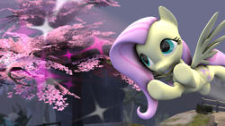 Size: 3840x2160 | Tagged: safe, artist:adamirvine, fluttershy, pegasus, pony, 3d, cherry blossoms, fence, flying, solo, source filmmaker