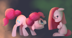 Size: 1480x800 | Tagged: safe, artist:xiao668, pinkie pie, earth pony, pony, duality, duo, female, filly, filly pinkie pie, pinkamena diane pie, straight mane, younger