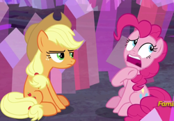 Size: 654x456 | Tagged: safe, screencap, applejack, pinkie pie, earth pony, pony, hearthbreakers, open mouth, sitting