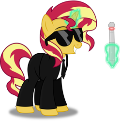 Size: 4130x4161 | Tagged: safe, artist:anime-equestria, sunset shimmer, unicorn, clothes, female, levitation, magic, mare, men in black, necktie, neuralyzer, simple background, smiling, solo, suit, sunglasses, telekinesis, transparent background, vector