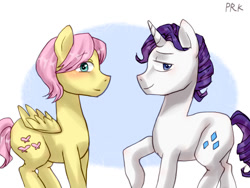 Size: 600x450 | Tagged: safe, artist:prk, butterscotch, elusive, fluttershy, rarity, pegasus, pony, unicorn, blushing, pixiv, rule 63