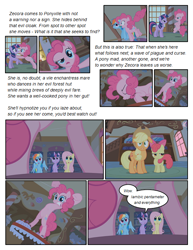 Size: 612x792 | Tagged: safe, artist:newbiespud, derpibooru import, edit, edited screencap, screencap, apple bloom, fluttershy, pinkie pie, rainbow dash, twilight sparkle, unicorn twilight, earth pony, pegasus, pony, unicorn, comic:friendship is dragons, bridle gossip, bow, comic, dialogue, evil enchantress, evil enchantress song, female, filly, framed by legs, hair bow, hat, implied zecora, mare, rearing, screencap comic, singing, text