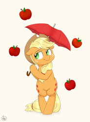 Size: 2000x2700 | Tagged: safe, artist:notenoughapples, applejack, earth pony, pony, apple, apple rain, bipedal, both cutie marks, rain, solo, that pony sure does love apples, umbrella