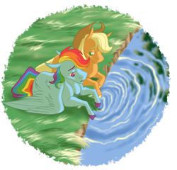 Size: 2278x2190 | Tagged: safe, artist:parrpitched, derpibooru import, applejack, rainbow dash, earth pony, pegasus, pony, appledash, female, lesbian, prone, shipping, story included, water