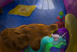 Size: 2019x1388 | Tagged: safe, artist:velvet frame, princess celestia, alicorn, pony, bed, blanket, carpet, facing away, horn, inside, lamp, mane, nightstand, pillow, room, sleeping, solo, window