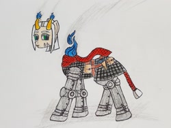 Size: 1451x1089 | Tagged: safe, artist:dice warwick, artist:dice-warwick, oc, oc only, oc:cold iron, oc:vibraphone echo, bicorn, dullahan, hybrid, undead, fallout equestria, fallout equestria: dance of the orthrus, blue fire, fanfic art, floating head, gambeson, gun, handgun, lip scar, mirage pony, modular, multiple horns, plate armor, red scarf, revolver, scar, solo, tail wrap, traditional art