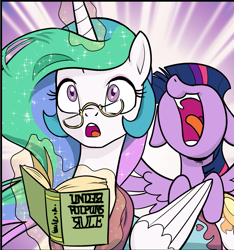 Size: 1261x1347 | Tagged: safe, artist:pencils, princess celestia, twilight sparkle, twilight sparkle (alicorn), alicorn, pony, book, female, glasses, mare, open mouth, surprised