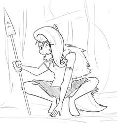 Size: 936x987 | Tagged: safe, artist:whatsapokemon, fluttershy, anthro, unguligrade anthro, crossover, looking at you, monochrome, princess mononoke, solo, spear, squatting, studio ghibli, tribal, weapon