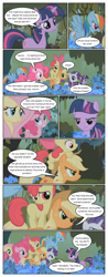 Size: 612x1555 | Tagged: safe, artist:newbiespud, derpibooru import, edit, edited screencap, screencap, applejack, pinkie pie, rainbow dash, twilight sparkle, unicorn twilight, earth pony, pegasus, pony, unicorn, comic:friendship is dragons, bridle gossip, blank flank, bow, comic, cowboy hat, dialogue, everfree forest, female, filly, flying, foal, freckles, frown, hair bow, hat, hooves, horn, mare, open mouth, poison joke, ponies riding ponies, screencap comic, spread wings, unamused, wings