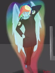 Size: 1920x2560 | Tagged: safe, artist:hikarikurai24587, derpibooru import, rainbow dash, human, folded wings, hair tie, humanized, mouth hold, solo, winged humanization, wings