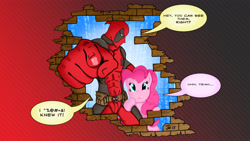 Size: 3840x2160 | Tagged: safe, artist:poisonrogue, pinkie pie, earth pony, pony, brick wall, crossover, deadpool, fourth wall, fourth wall destruction, pointing