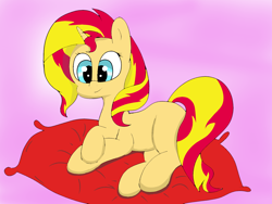 Size: 1600x1200 | Tagged: safe, alternate version, artist:amateur-draw, sunset shimmer, pony, unicorn, cute, female, lying down, mare, pillow, shimmerbetes, simple background, solo