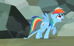 Size: 1149x715 | Tagged: safe, derpibooru import, screencap, rainbow dash, pegasus, pony, may the best pet win, rock, sad