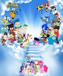 Size: 2865x3476 | Tagged: safe, derpibooru import, applejack, blossom, fluttershy, pinkie pie, rainbow dash, rarity, twilight sparkle, twilight sparkle (alicorn), alicorn, earth pony, pony, adventure time, bittersweet, bloo (foster's), blossom (powerpuff girls), bubble, bubbles (powerpuff girls), buttercup, buttercup (powerpuff girls), cartoon heaven, clarence, crossover, dan, dan vs, dipper pines, end of g4, end of ponies, ferb fletcher, finn the human, fish hooks, flapjack, frankie pamplemousse, gravity falls, harvey beaks, heaven, jake the dog, k.o. (ok k.o.!), littlest pet shop, lucky, mabel pines, mane six, marco diaz, milo, mordecai, mordecai and rigby, ok k.o.! lets be heroes, phineas and ferb, phineas flynn, pound puppies, regular show, series finale blues, snail, sonic boom, sonic the hedgehog, sonic the hedgehog (series), star butterfly, star vs the forces of evil, the powerpuff girls, the zhuzhus, tuca, tuca and bertie, wander (wander over yonder), wander over yonder, zoe trent