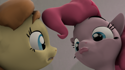 Size: 500x281 | Tagged: safe, artist:indigosfmworks, pinkie pie, oc, oc:cream heart, earth pony, pony, 3d, creepy, duckface, face of mercy