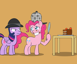 Size: 1000x833 | Tagged: safe, artist:empyu, derpibooru import, pinkie pie, twilight sparkle, twilight sparkle (alicorn), alicorn, earth pony, pony, bowler hat, cake, detective, female, food, hat, magnifying glass, mare, messy, sherlock hat, stain