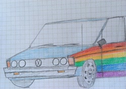 Size: 2172x1536 | Tagged: safe, derpibooru import, rainbow dash, barely pony related, car, graph paper, pun, rainbow, traditional art, visual pun, volkswagen, wat