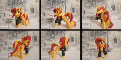 Size: 1280x638 | Tagged: safe, artist:gifbufguf, sunset shimmer, pony, unicorn, clothes, craft, female, figurine, irl, jacket, mare, photo, sculpture, solo, traditional art