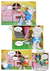 Size: 793x1122 | Tagged: safe, pinkie pie, earth pony, pony, comic:visitas a la aldea pitufa, cake, chef smurf, comic, crossover, food, greedy smurf, smurf village, smurfs, spanish, stealing