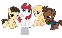 Size: 4800x3000 | Tagged: safe, artist:beavernator, wild fire, oc, oc:fausticorn, oc:taralicious, annoyed, colt, cute, filly, frown, john de lancie, lauren faust, looking up, paper, pencil, ponified, ponysona, professor lancie, sibsy, sitting, tara strong, unamused, wild fire is not amused, younger