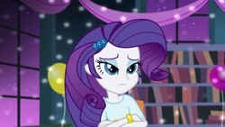 Size: 1280x720 | Tagged: safe, screencap, rarity, equestria girls, rainbow rocks, shake your tail, balloon, bracelet, crossed arms, female, jewelry, sad, serious, serious face, solo