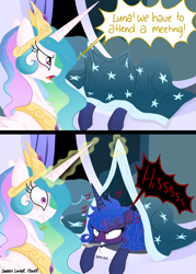 Size: 3445x4823 | Tagged: safe, artist:darkest-lunar-flower, princess celestia, princess luna, alicorn, pony, 2 panel comic, angry, bed, blanket, blushing, butter knife, comic, cross-popping veins, crown, dialogue, female, glowing horn, hissing, horn, jewelry, jojo's bizarre adventure, knife, magic, mare, menacing, messy mane, open mouth, regalia, sick, telekinesis, tiara, wings, ゴ ゴ ゴ