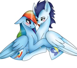 Size: 956x836 | Tagged: safe, artist:krissograph, derpibooru import, rainbow dash, soarin', pegasus, pony, cute, dashabetes, female, male, shipping, soarinbetes, soarindash, straight